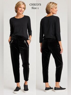 CHICOS Black everyday wear Velvet joggers with Silver Zipper Accents/size 1